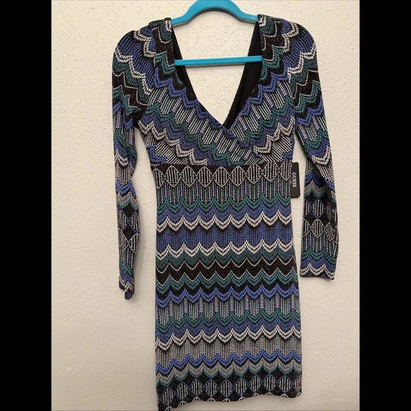 Guess Black/Blue/Multi Color V-Neck Long‎ Sleeve Stretch - Picture 1 of 8